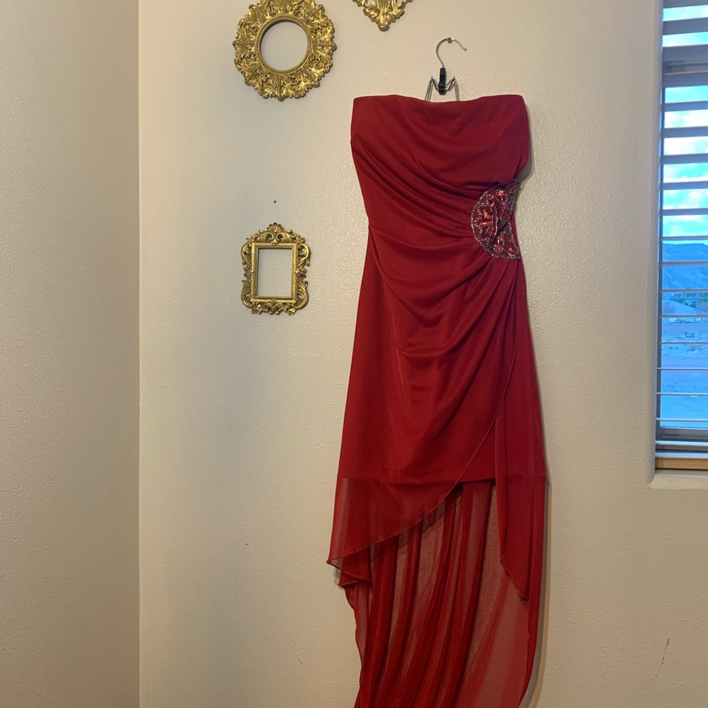 Red strapless cocktail dress